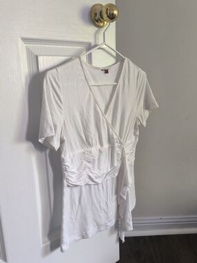 Women's White Short-Sleeve Wrap Tee with Ruched Detail